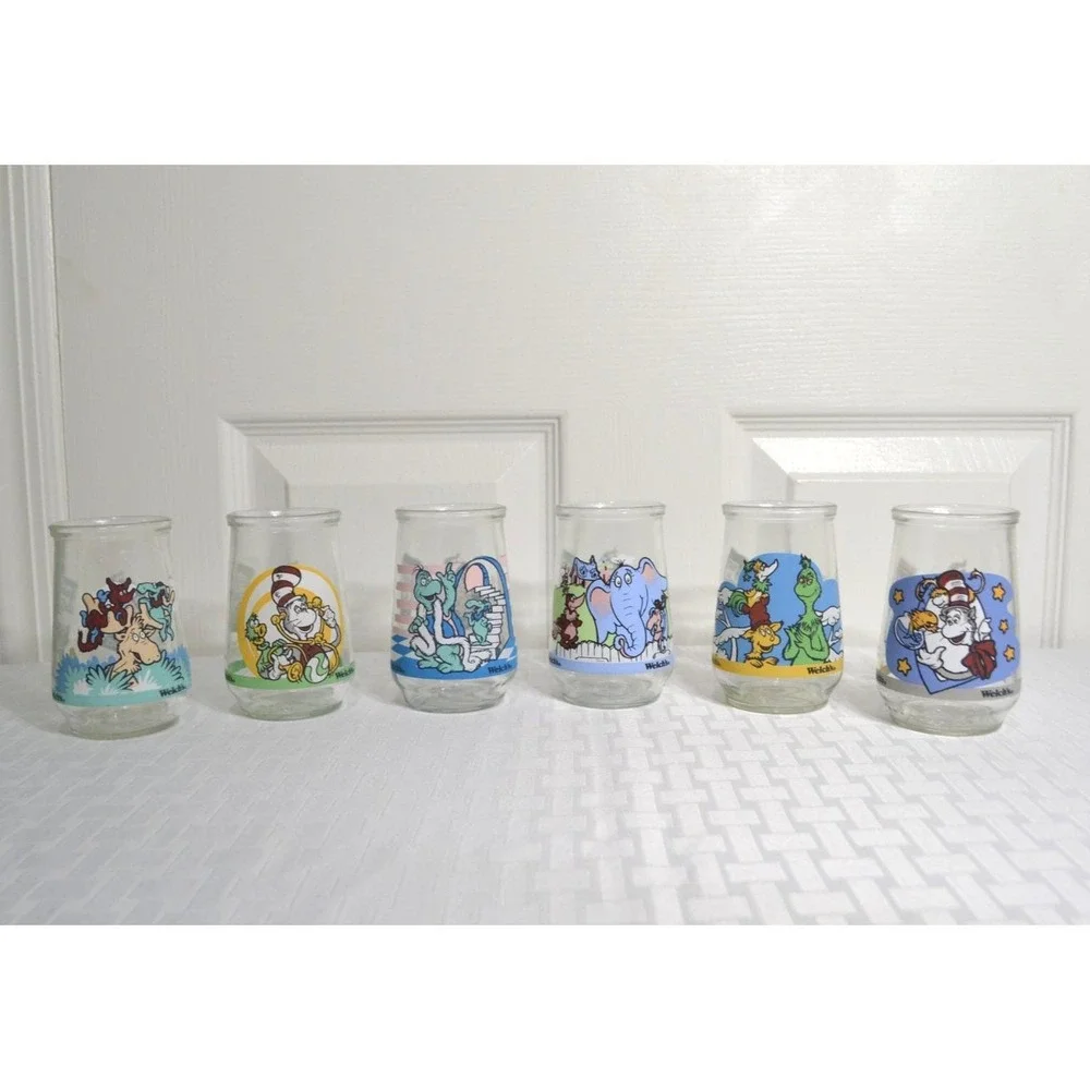 Vintage 1996 Welch Cat in The Hat Glass Jelly Jars, Complete Set of 6 Jars